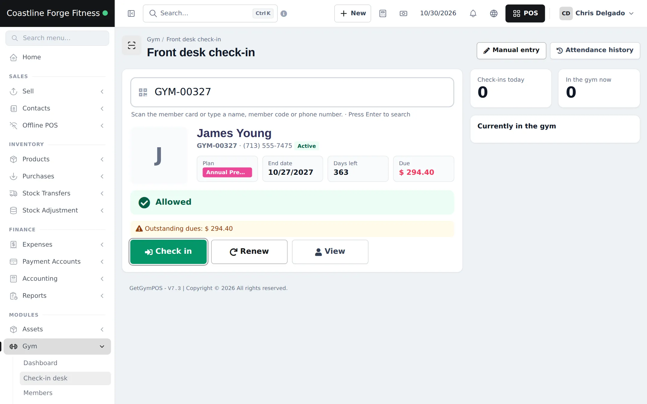 Front desk check-in with a member code typed in, the member card showing annual plan, end date, 363 days left and dues, a green Allowed message, an outstanding dues warning and Check in, Renew and View buttons