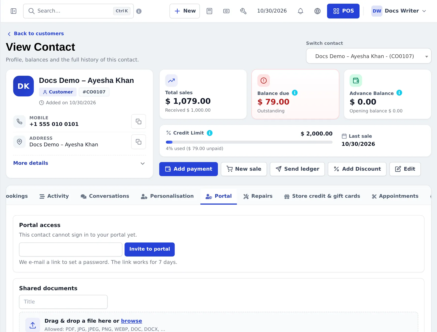 Contact page Portal tab with Portal access, Invite to portal button and Shared documents upload