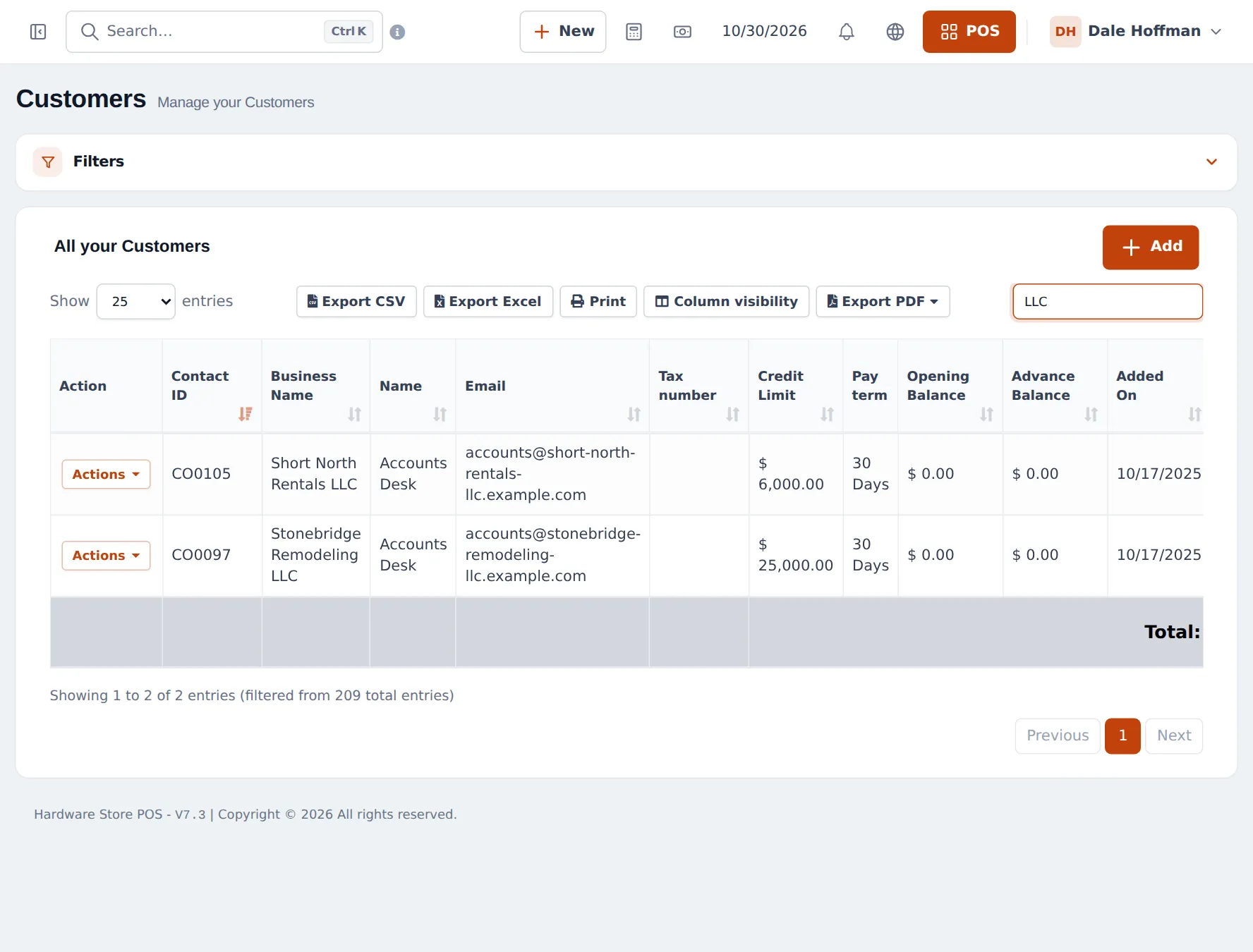 Customers list filtered by LLC showing Short North Rentals LLC with a 6,000 credit limit and Stonebridge Remodeling LLC with 25,000, both on 30 days pay term