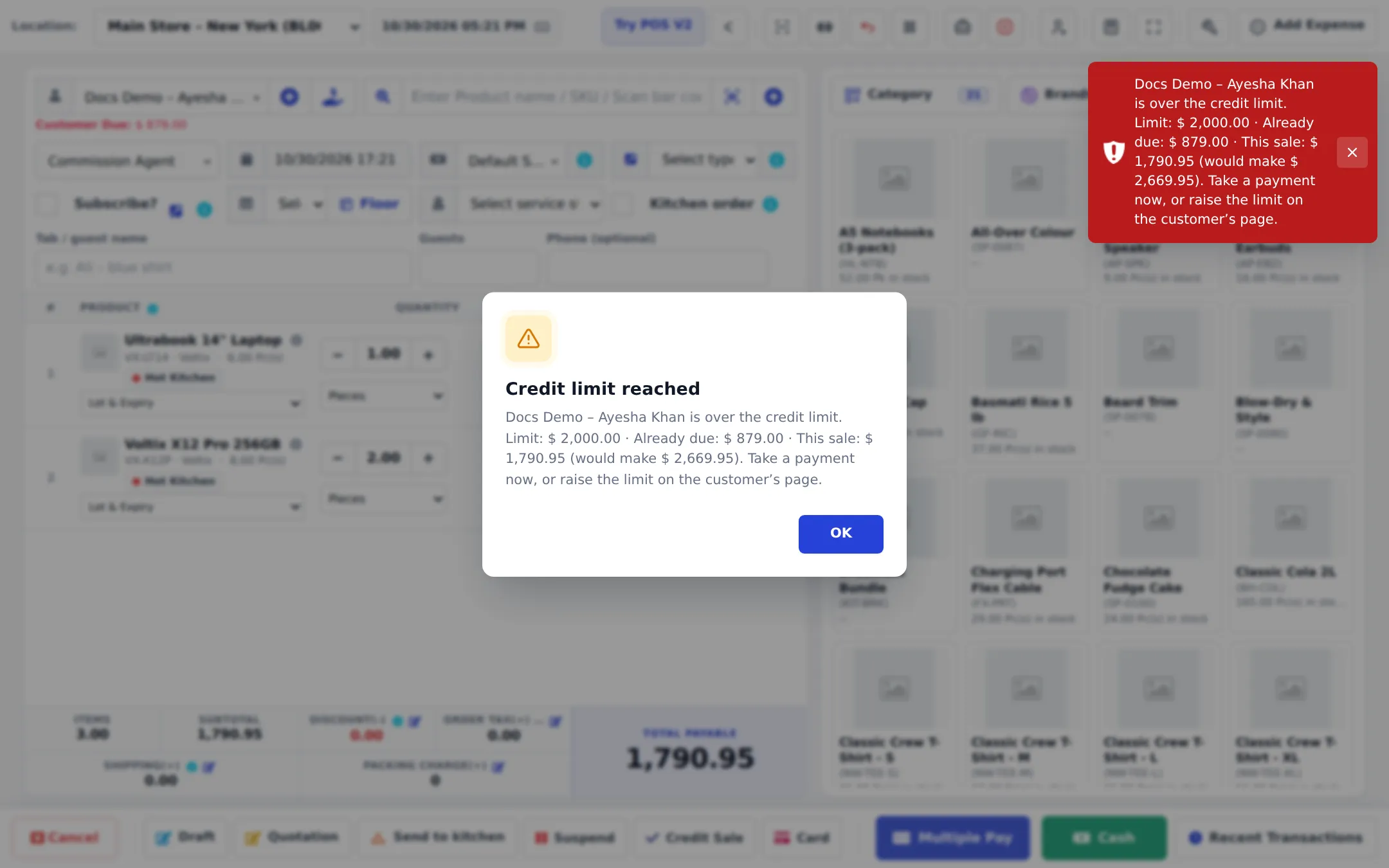 Credit limit reached window: Docs Demo – Ayesha Khan is over the credit limit, with limit, already due and this sale amounts