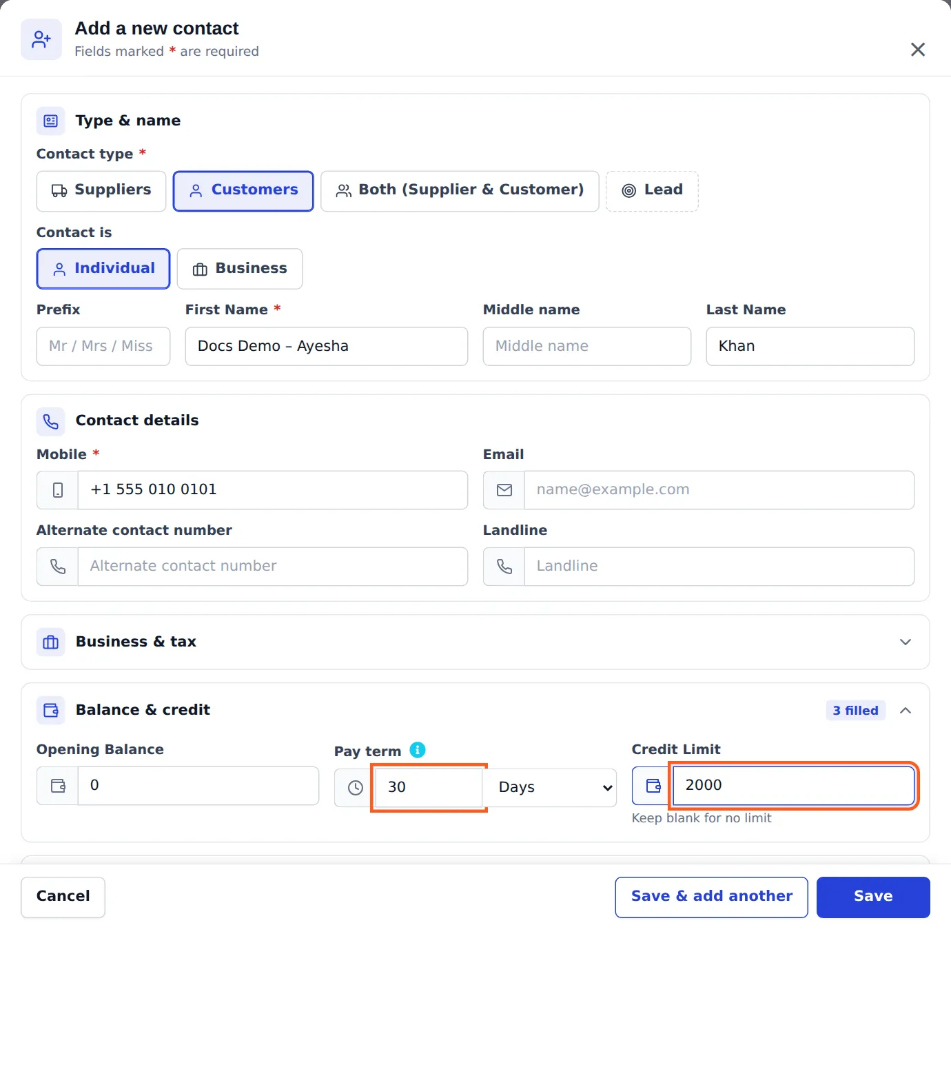 Add a new contact form with Pay term 30 Days and Credit Limit 2000 highlighted in the Balance and credit section
