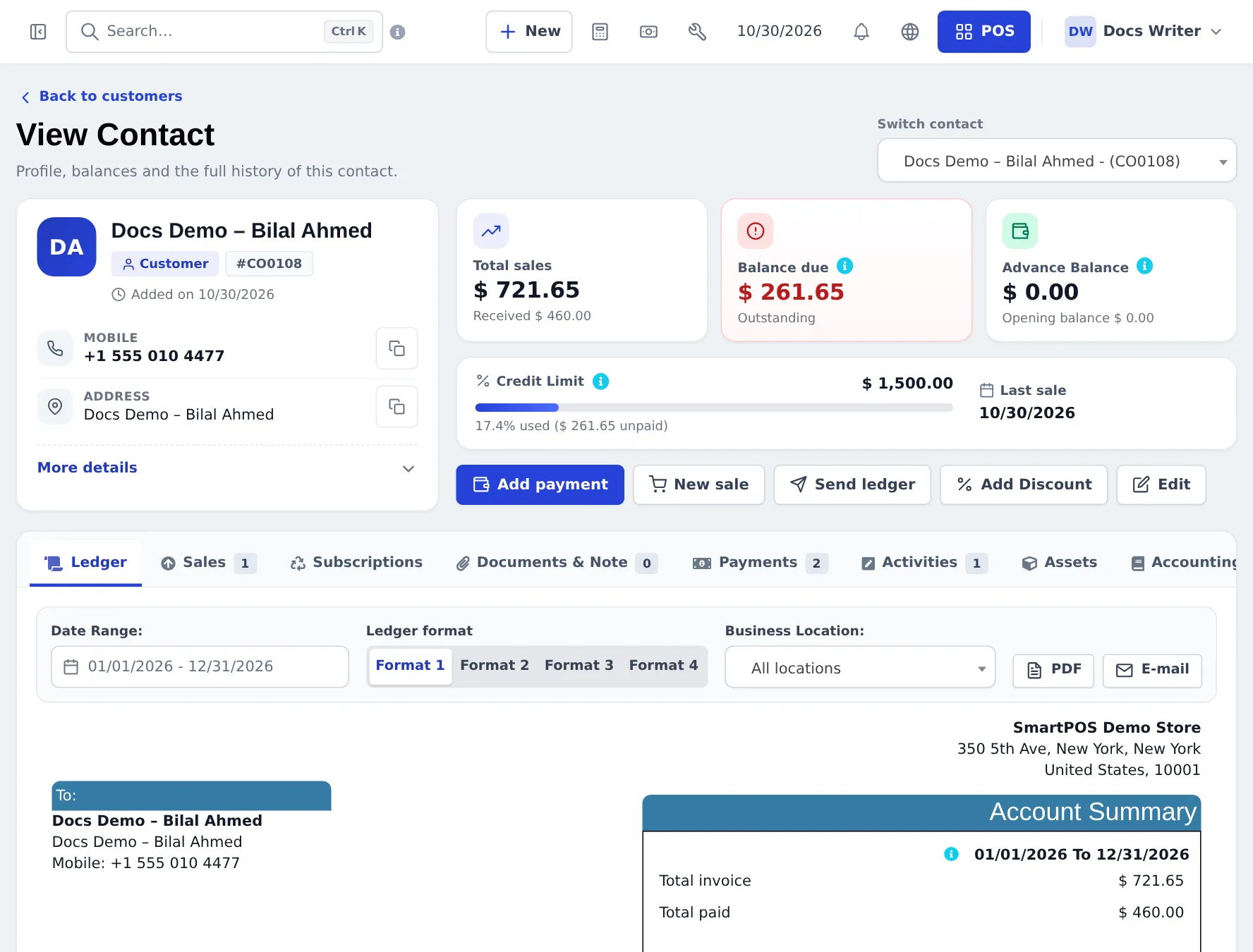 Customer page with total sales 721.65, balance due 261.65, advance balance 0, credit limit 1500 with 17.4 percent used, and buttons for Add payment, New sale, Send ledger, Add discount and Edit