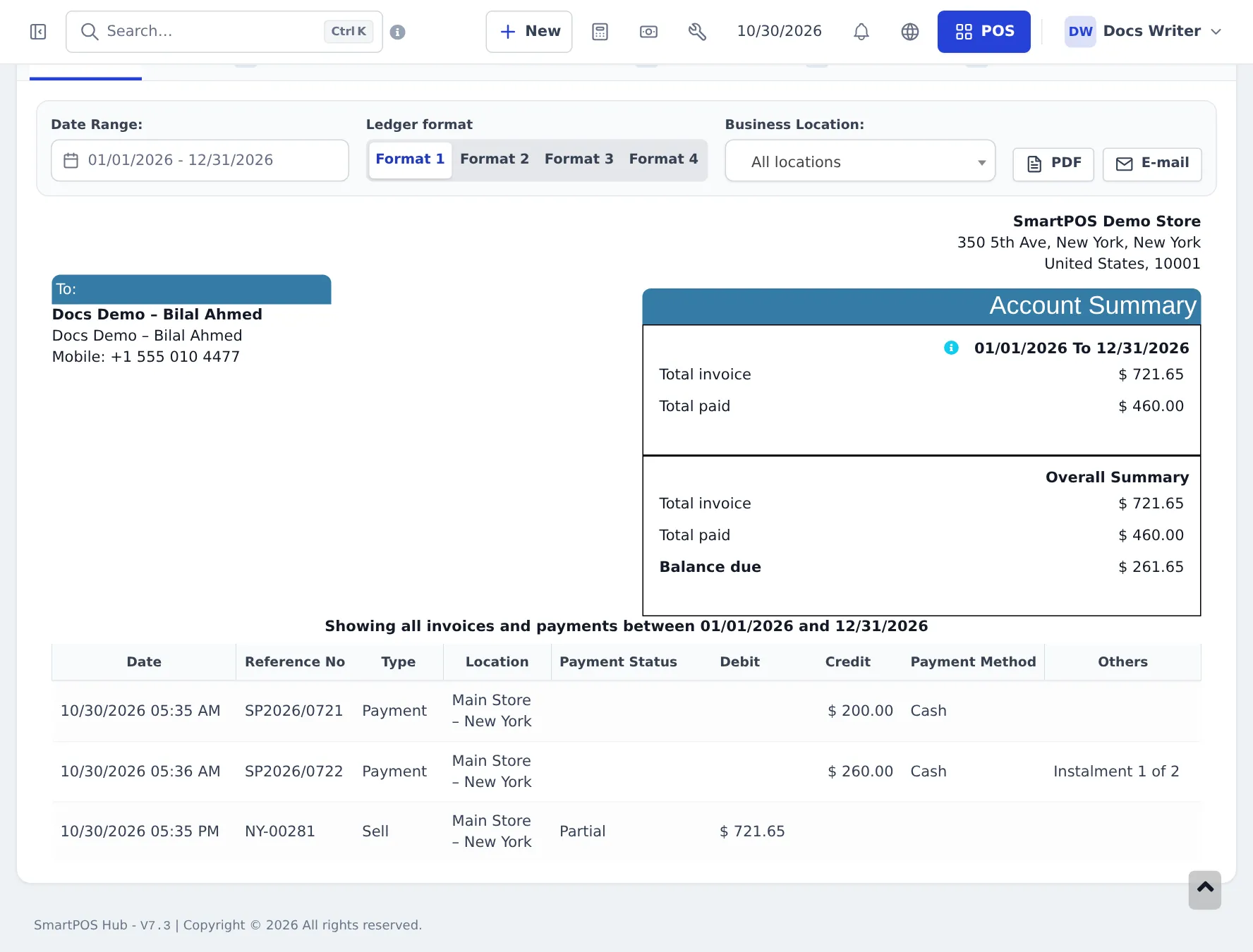Customer ledger showing total invoice 721.65, total paid 460.00, balance due 261.65, and lines for the sale, a 200 down payment and a 260 instalment