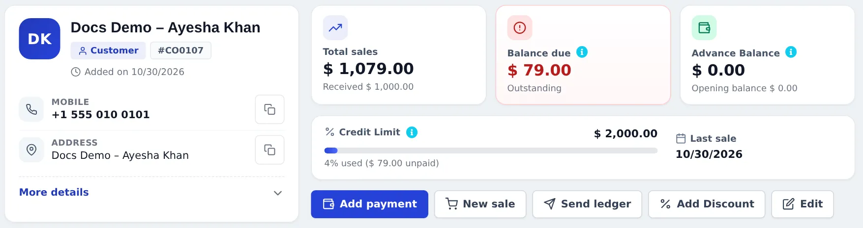 Customer page after payment: received 1,000.00, Balance due 79.00, credit limit 4% used