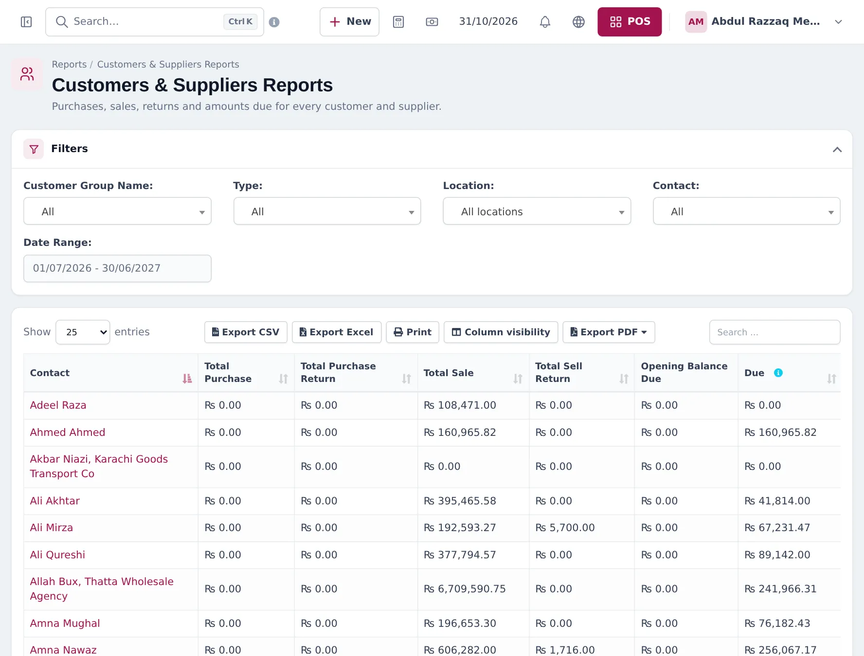 Customers & Suppliers report with filters for customer group, type, location and date, and per contact total purchase, total sale, sell returns, opening balance due and due