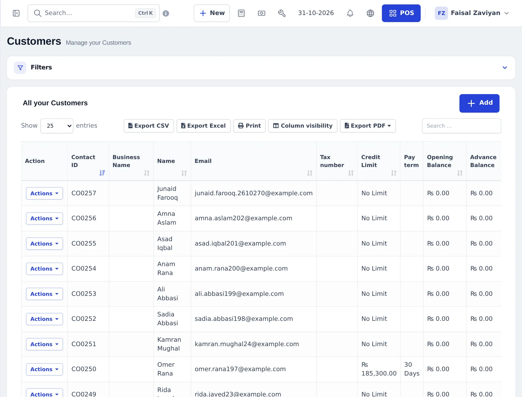 Customers list with filters, Add button, export buttons and columns Contact ID, Business Name, Name, Email, Tax number, Credit Limit, Pay term, Opening Balance and Advance Balance