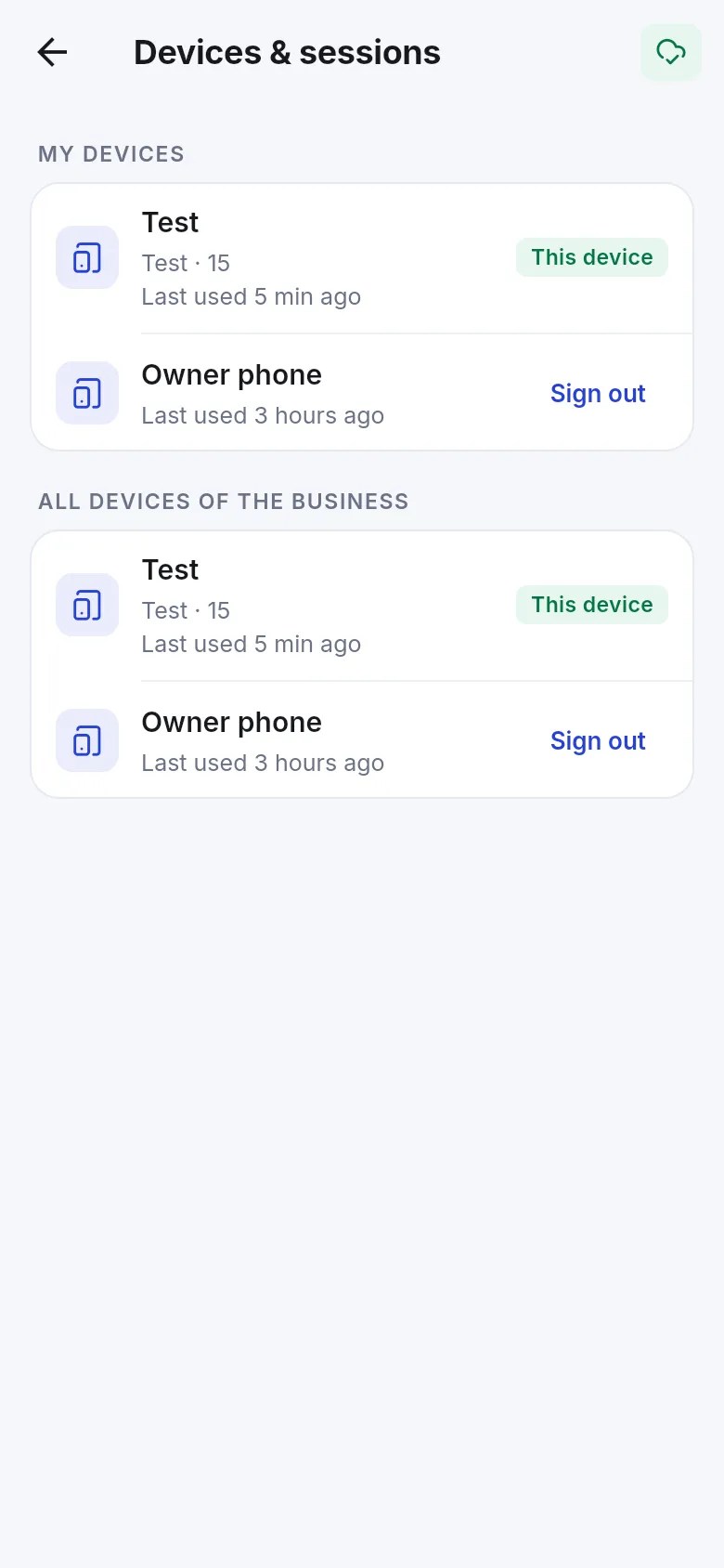 Devices and sessions screen listing this device and the owner phone with Sign out