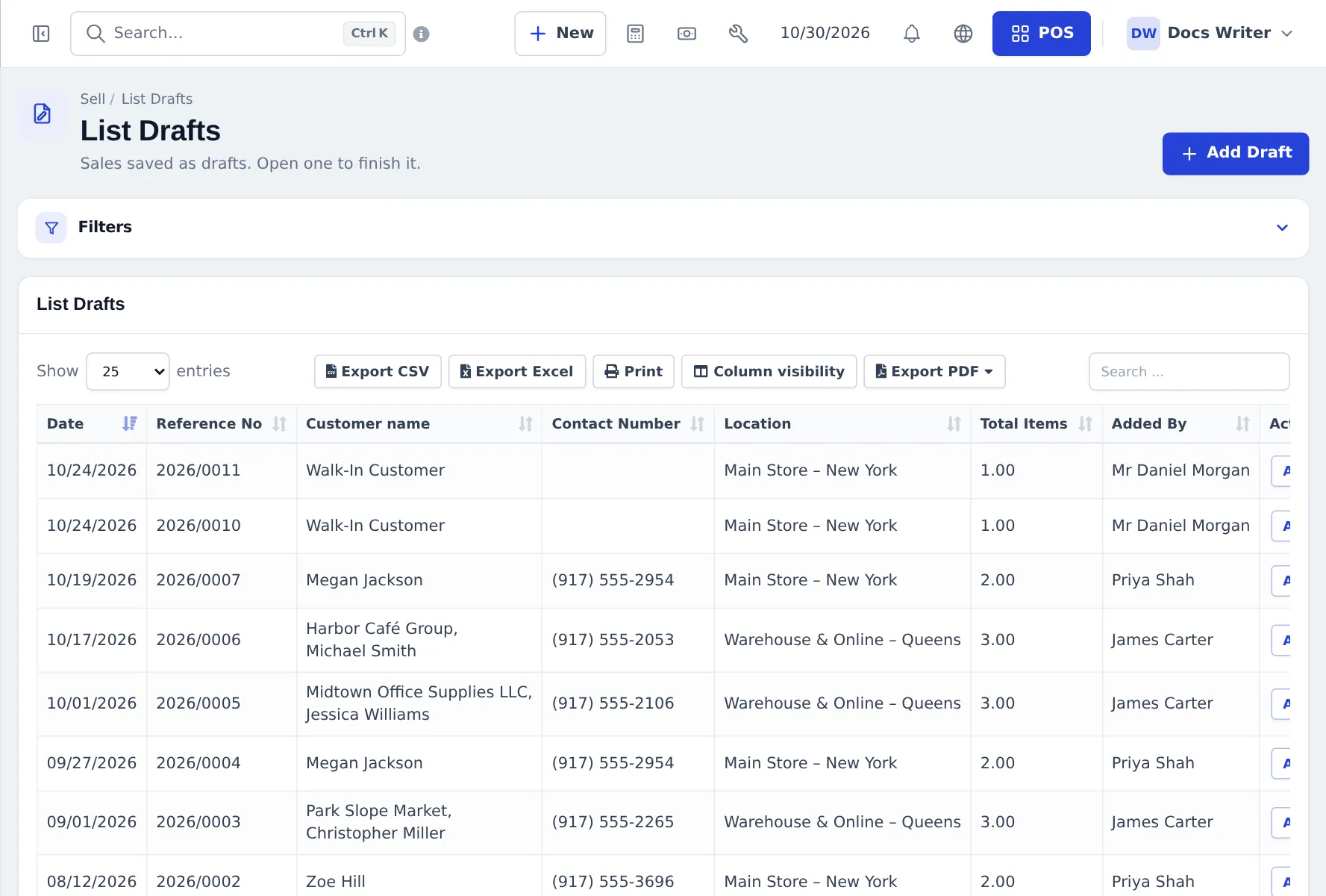 List Drafts page with reference numbers, customers, locations and total items