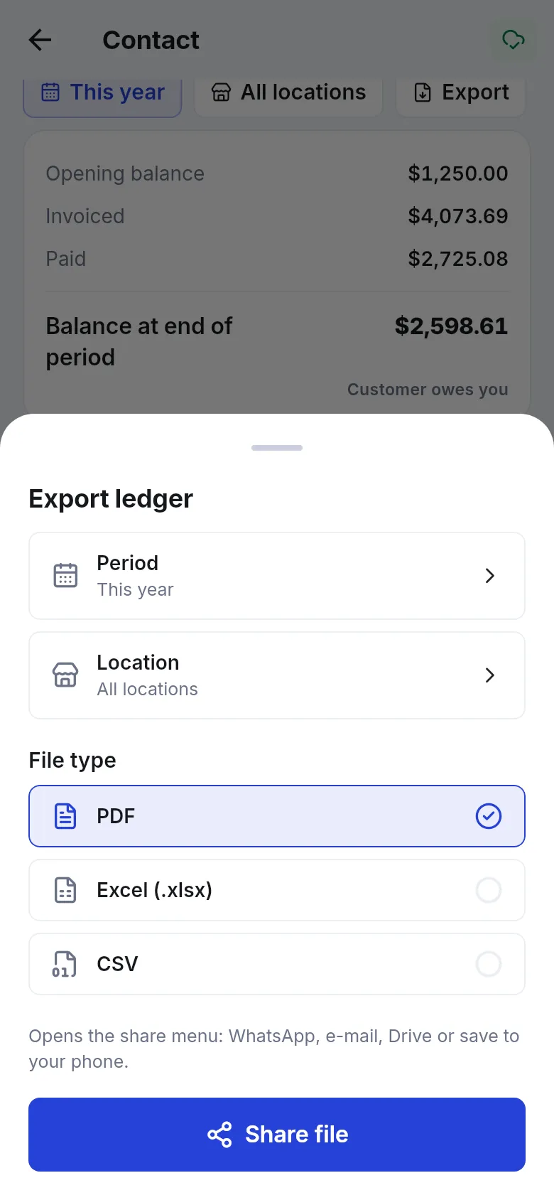 App Export ledger sheet with period, location and PDF, Excel or CSV