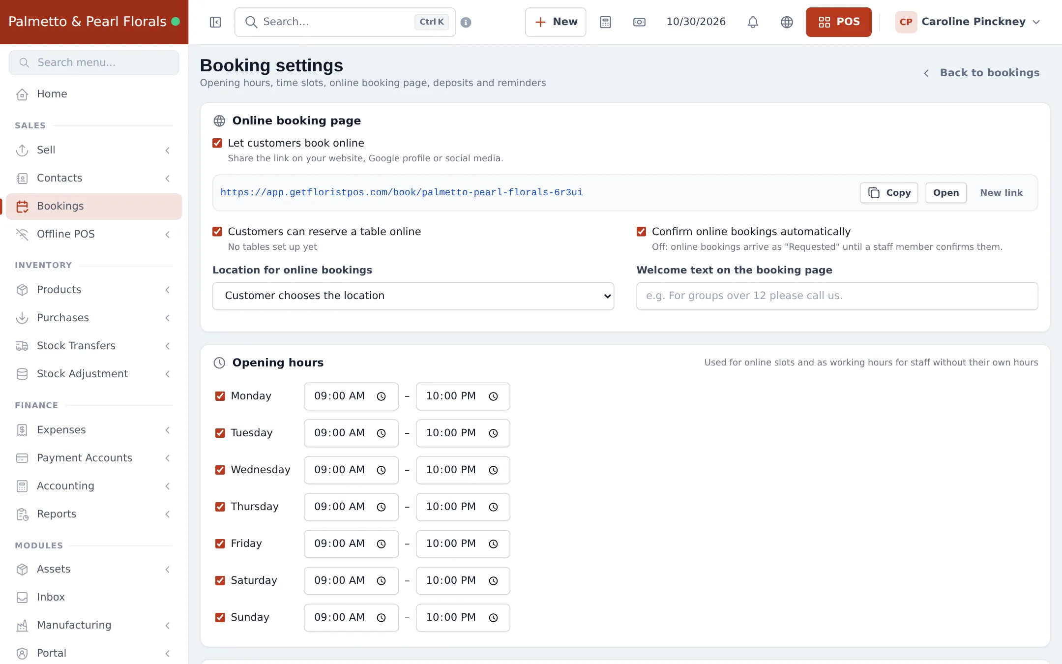 Booking settings with Online booking page: Let customers book online ticked, the booking link with Copy, Open and New link, Confirm online bookings automatically, Location for online bookings, Welcome text, and Opening hours per day