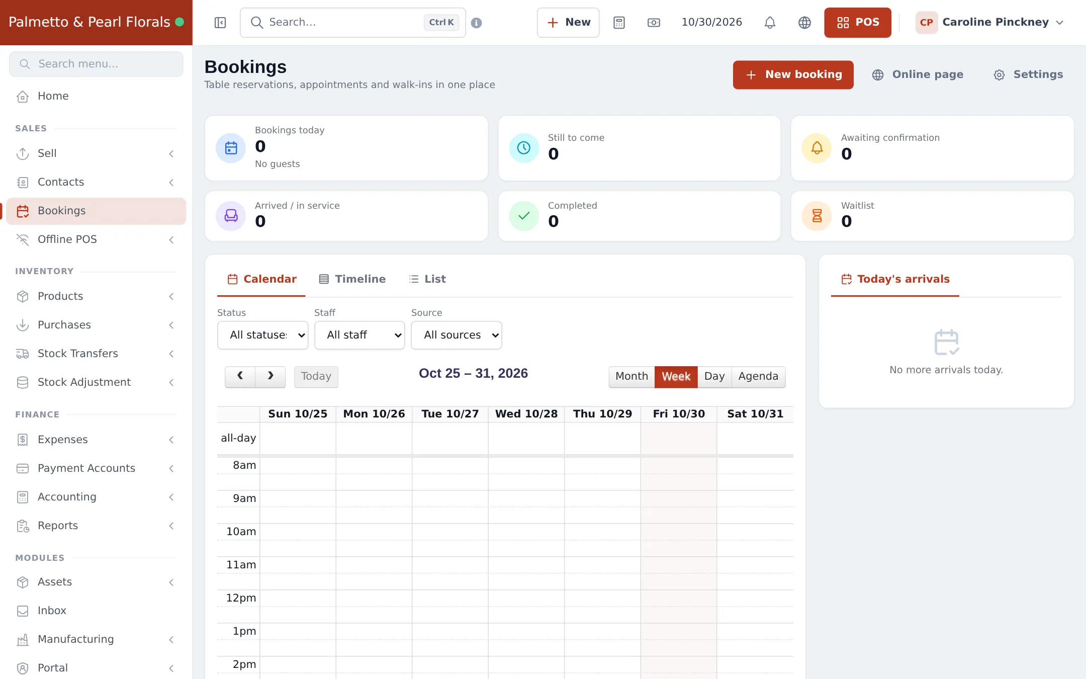 Bookings page with cards for bookings today, still to come, awaiting confirmation, arrived, completed and waitlist, a weekly calendar and today's arrivals