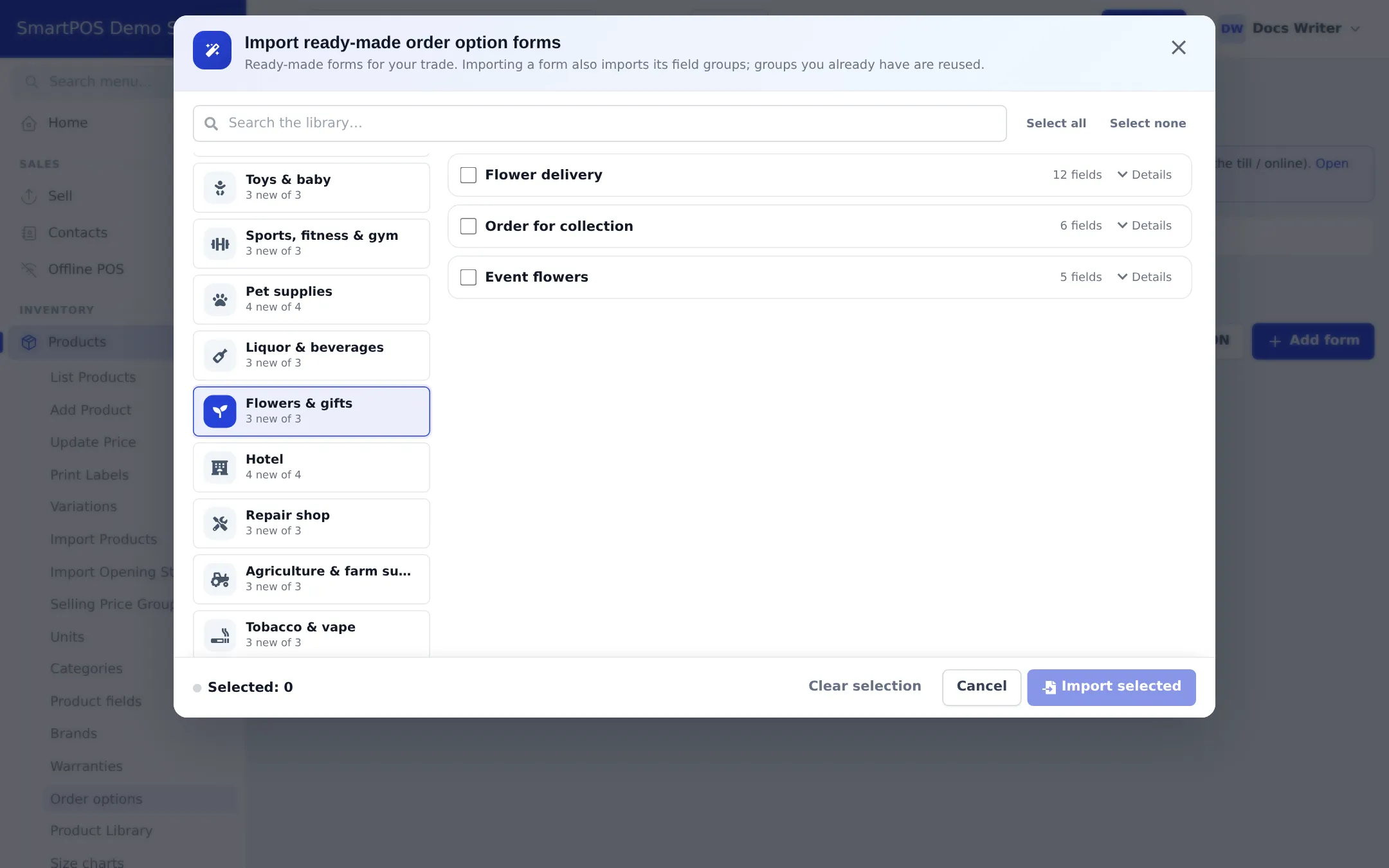 Import ready-made order option forms window with Flowers & gifts selected and the forms Flower delivery with 12 fields, Order for collection with 6 fields and Event flowers with 5 fields