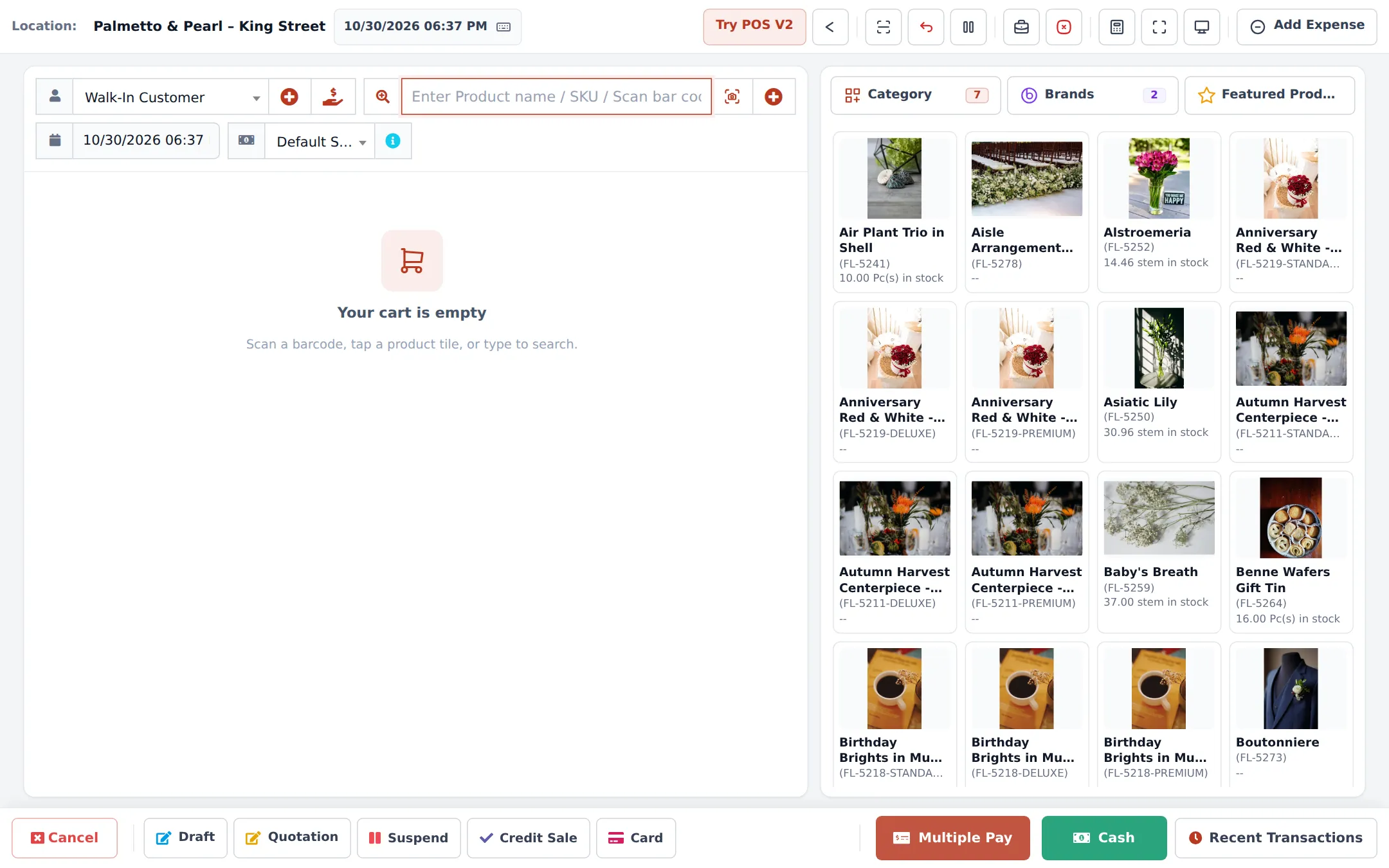 POS screen of a florist with tiles for bouquets, vases, roses by the stem, plants and gifts
