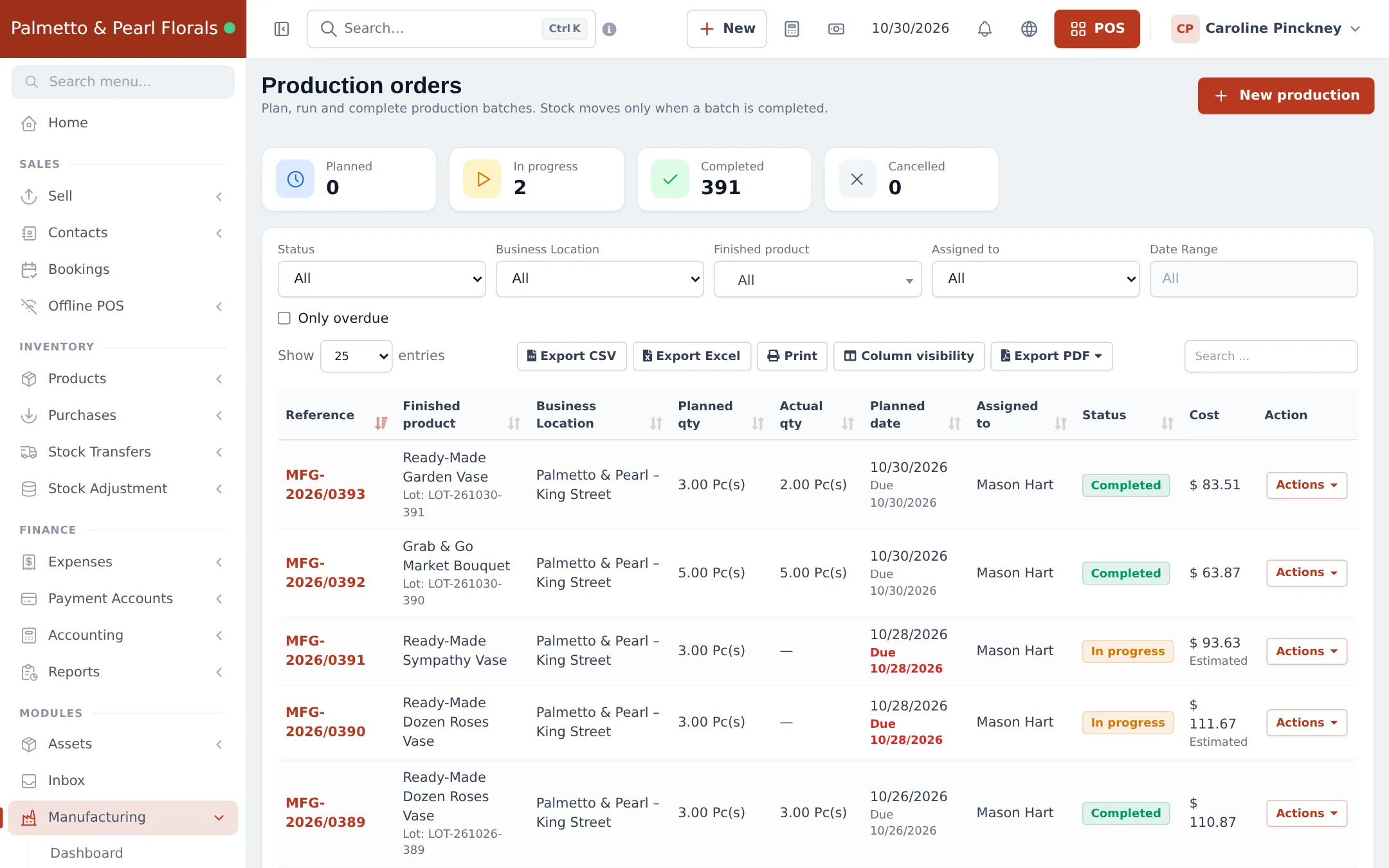 Production orders list with Planned, In progress, Completed and Cancelled counts, filters, and orders for garden vases, market bouquets, sympathy and dozen roses vases with lot, quantities, status and cost
