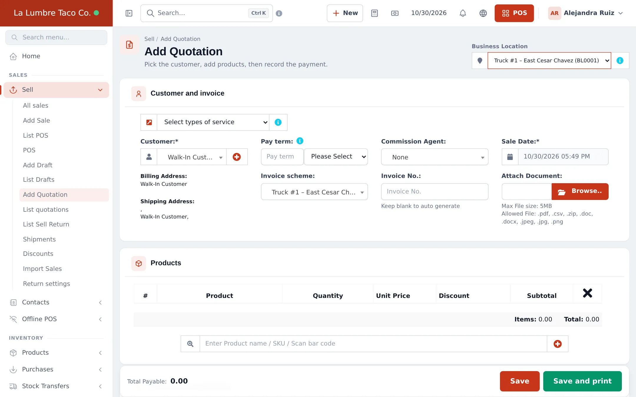 Add Quotation form with business location, customer, pay term, invoice scheme, sale date, attach document and the products table