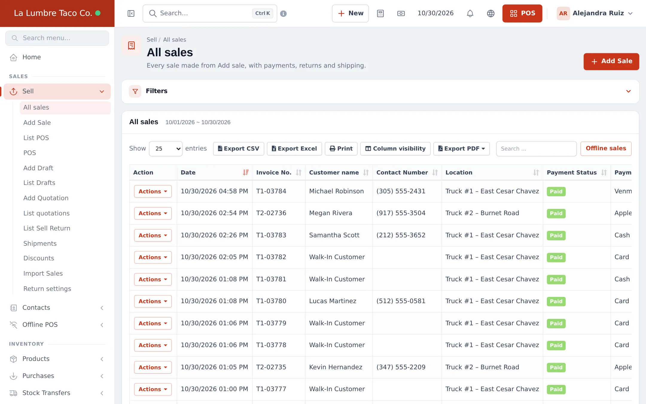 All sales list with invoice numbers per truck, customers, locations, payment status Paid and payment methods, and an Offline sales button