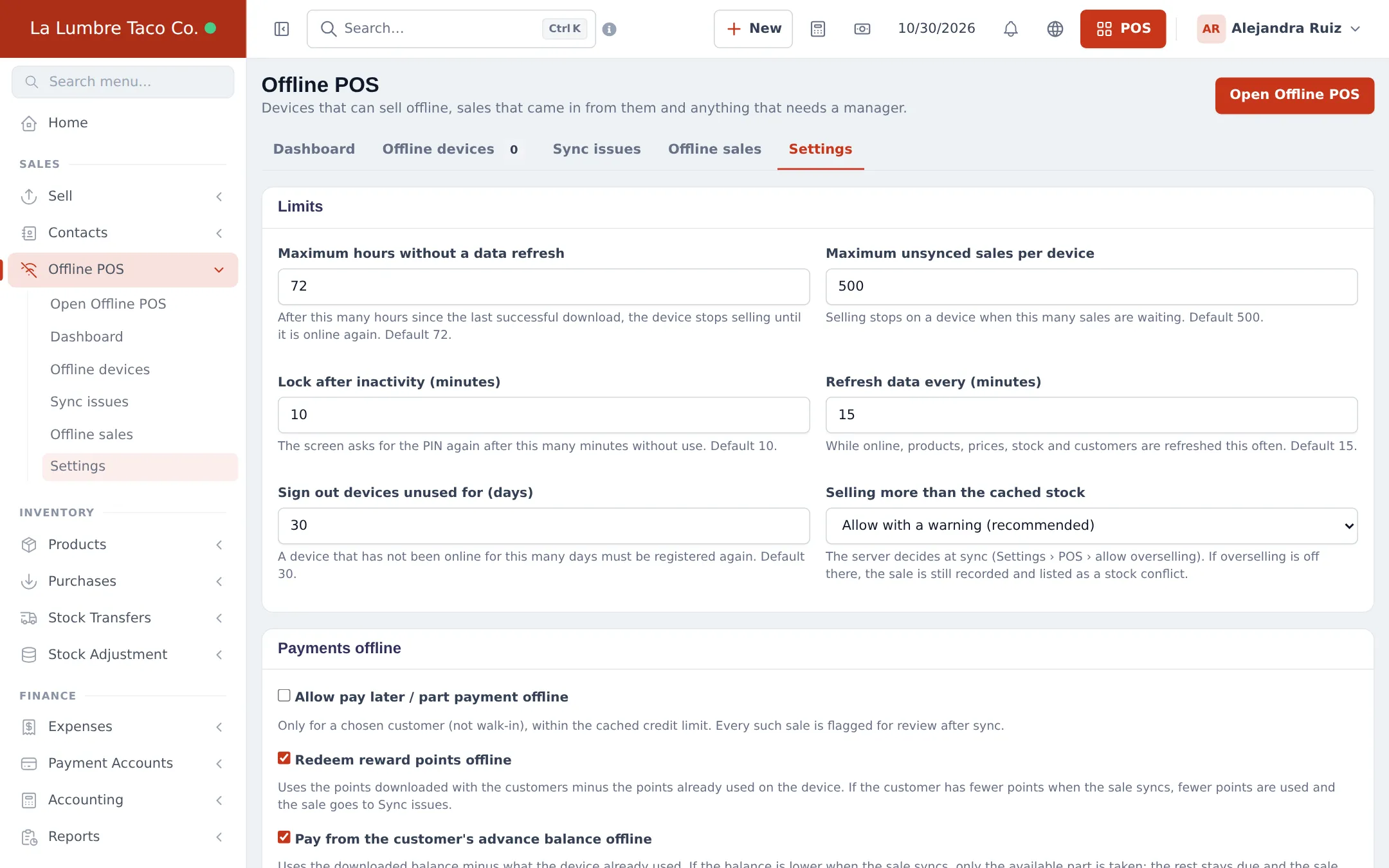 Offline POS settings with maximum hours without a data refresh, maximum unsynced sales, lock after inactivity, refresh interval, sign-out after days and payments offline options