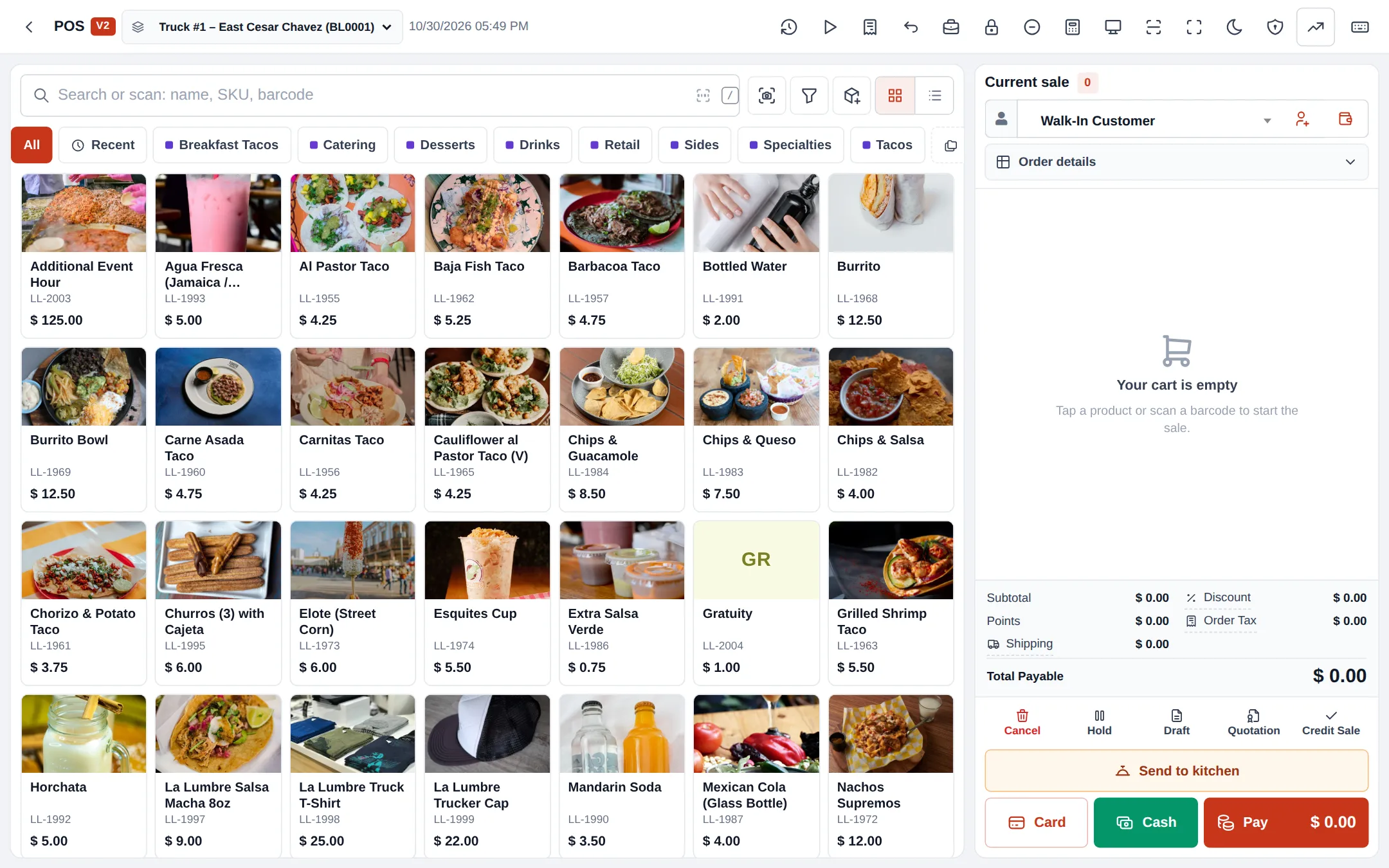 POS V2 tile view for a taco truck with chips for breakfast tacos, catering, desserts, drinks, retail, sides, specialties and tacos