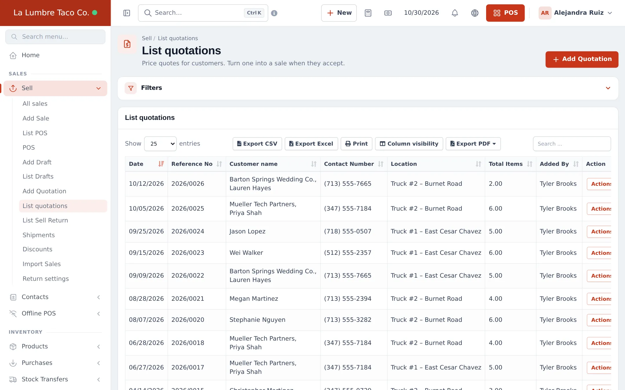 List quotations page with dates, reference numbers, customers such as a wedding company and tech partners, contact numbers, truck locations and totals