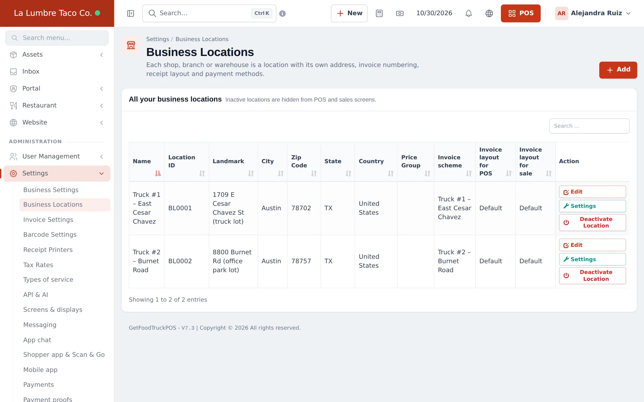 Business locations list with Truck 1 and Truck 2, each with its own location ID, address and invoice scheme