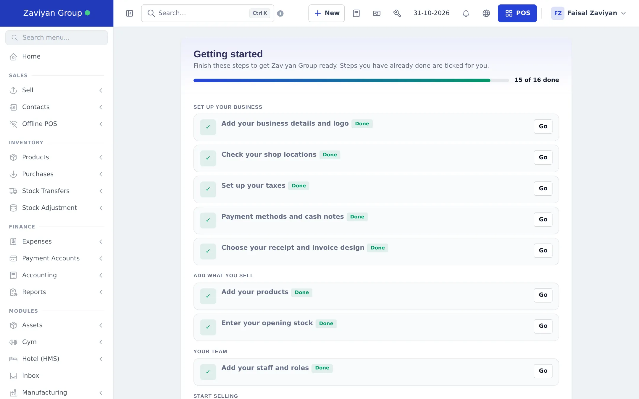 Getting started checklist with steps such as Add your business details and logo, Check your shop locations and Set up your taxes, each marked Done
