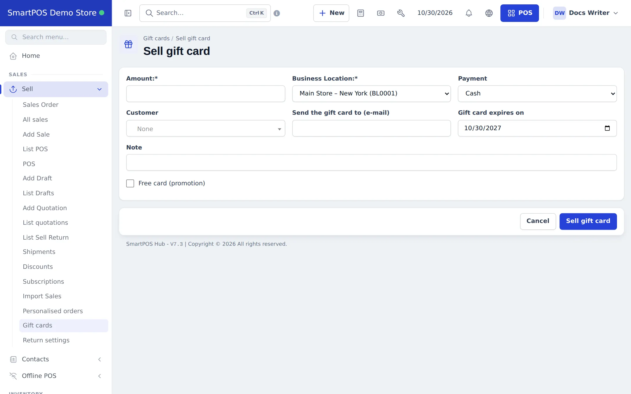 Sell gift card form with Amount, Business Location, Payment, Customer, Send the gift card to e-mail, Gift card expires on, Note and Free card (promotion)