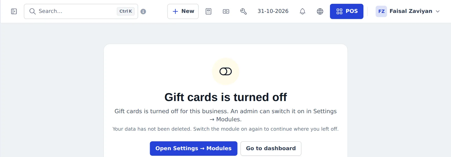 Gift cards is turned off message with Open Settings › Business Settings › Modules and Go to dashboard buttons