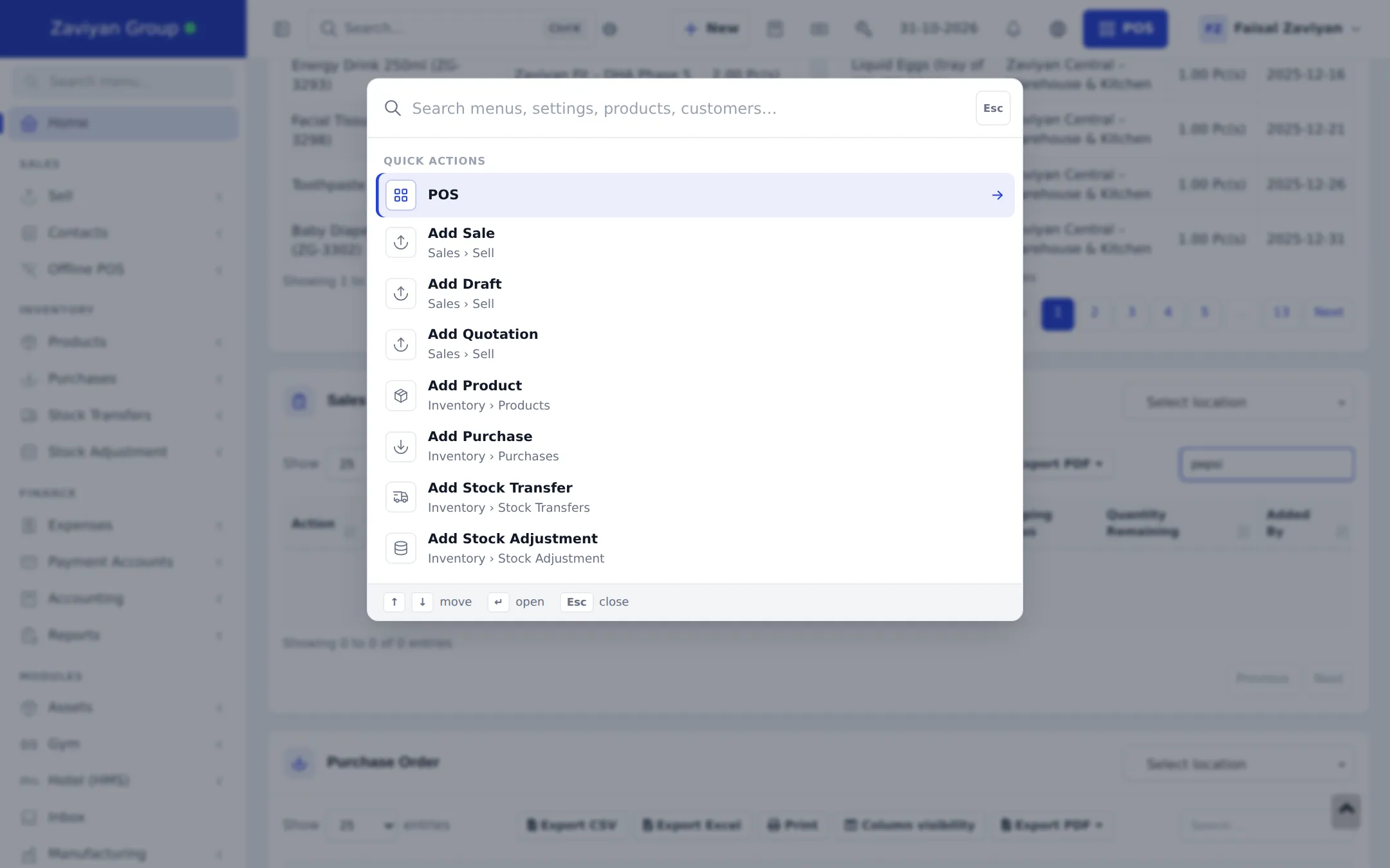 Global search window with the Quick actions list: POS, Add Sale, Add Draft, Add Quotation, Add Product, Add Purchase, Add Stock Transfer, Add Stock Adjustment