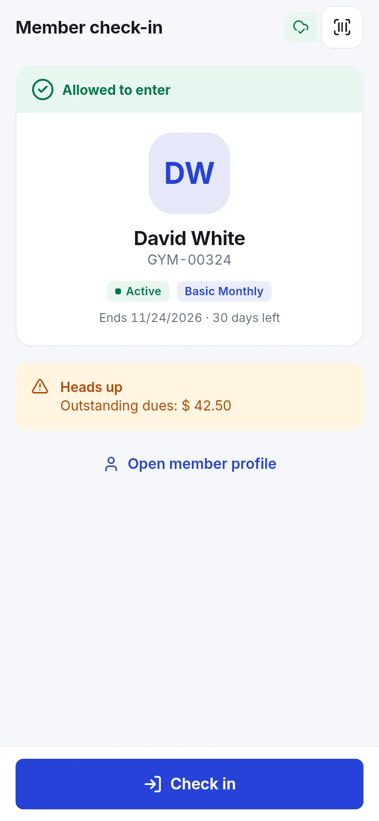 Member check-in screen in the SmartPOS Business app showing Allowed to enter, the member's plan and days left, an outstanding dues warning and a Check in button