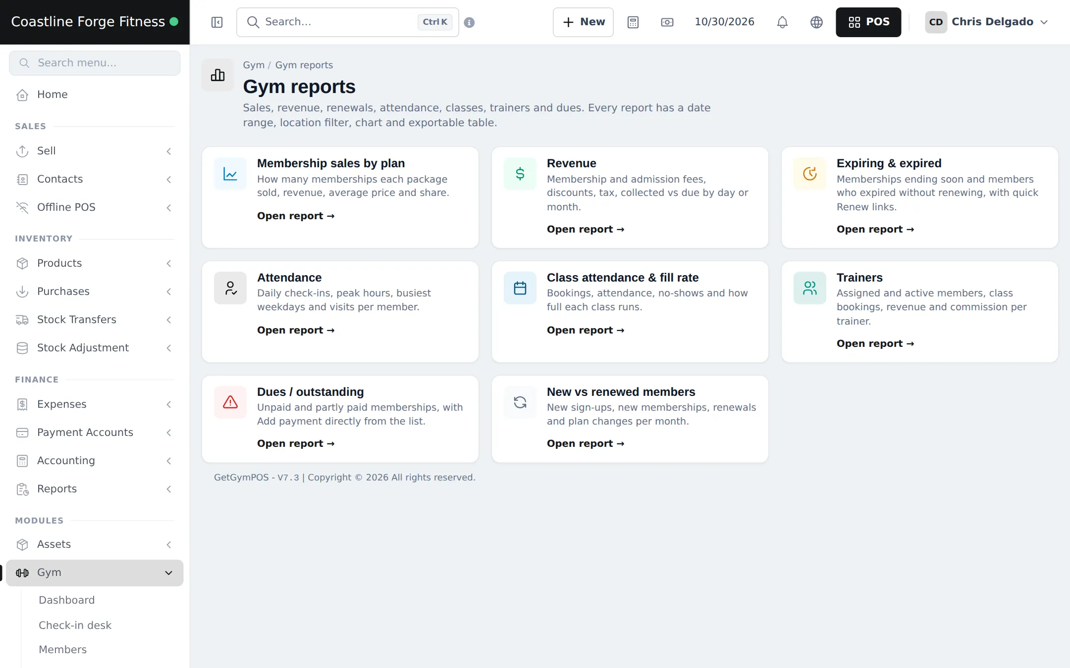 Gym reports page with cards for membership sales by plan, revenue, expiring and expired, attendance, class attendance and fill rate, trainers, dues and outstanding, and new vs renewed members