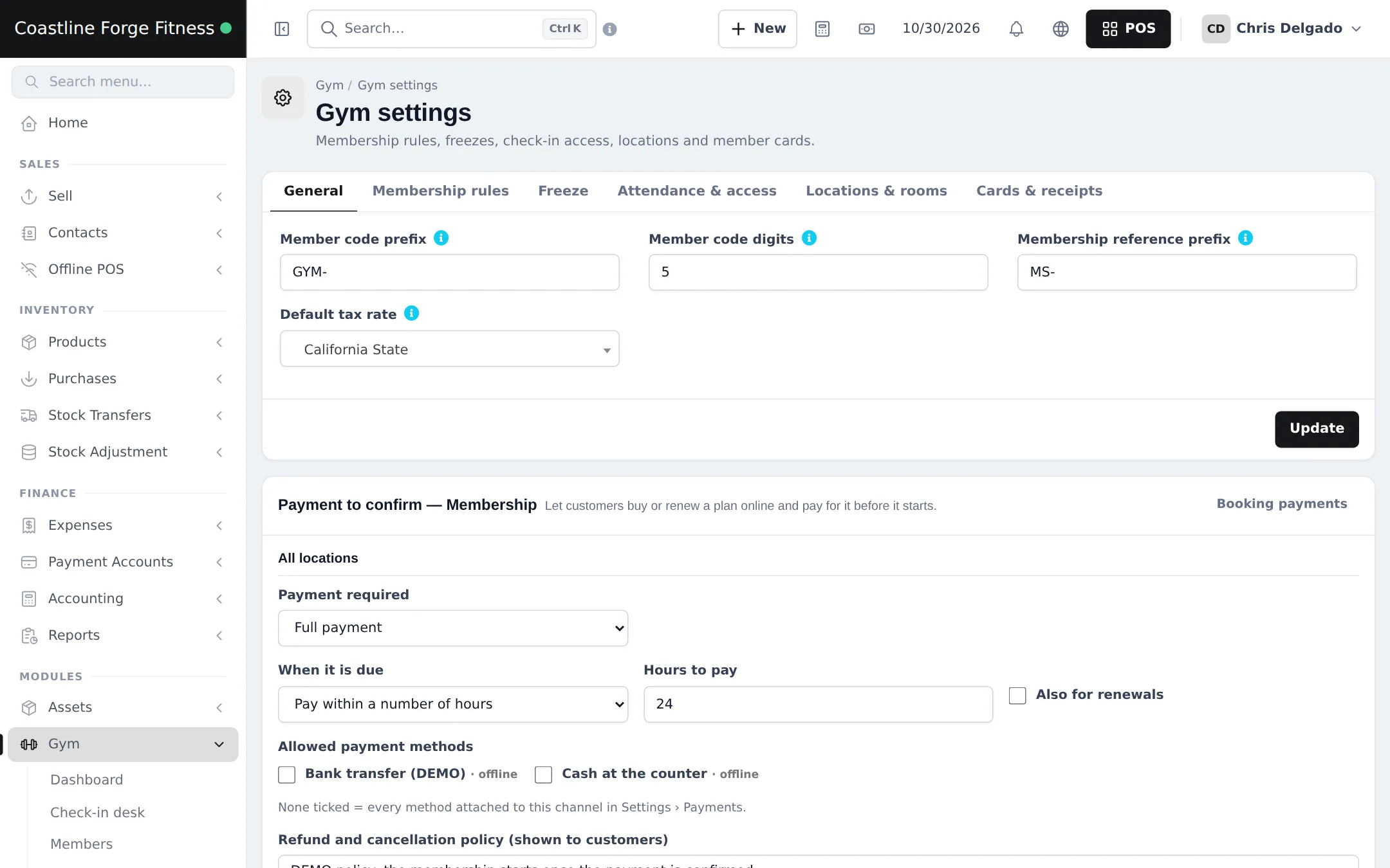 Gym settings General tab with member code prefix, member code digits, membership reference prefix and default tax rate