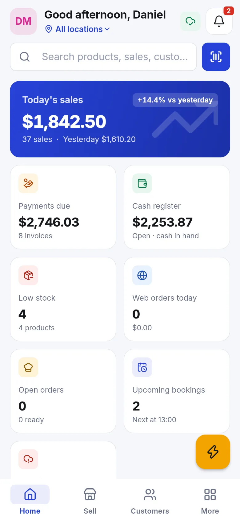 Cashier Home with tabs Home, Sell, Customers and More