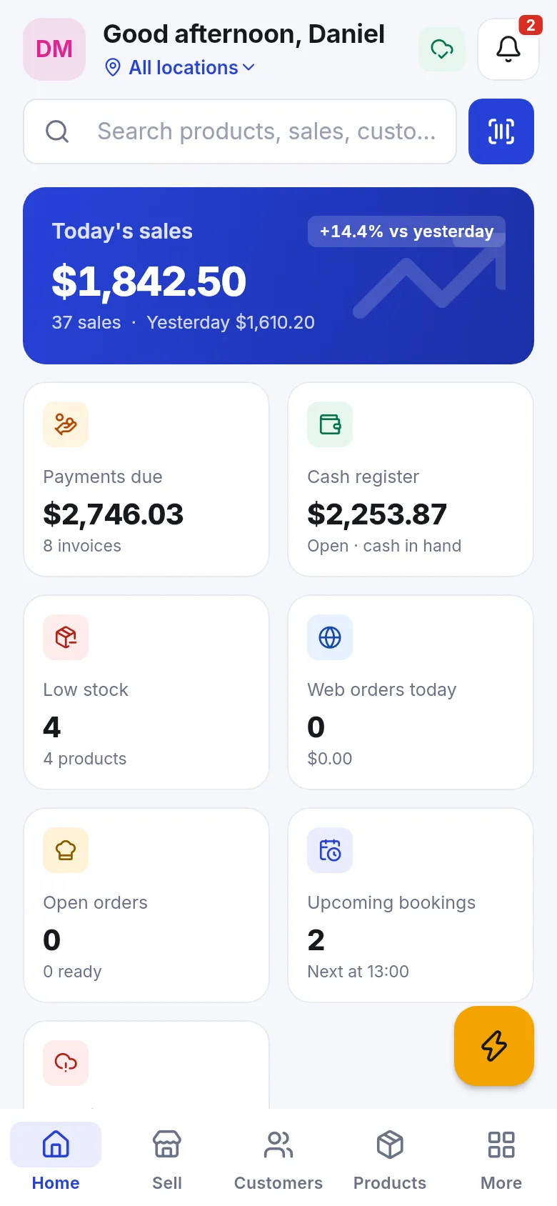 Home screen of SmartPOS Business with today's sales, payments due, cash register and low stock cards