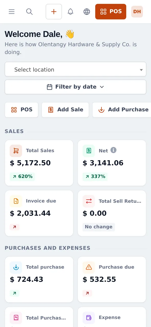 SmartPOS Hub home screen on a phone with total sales, net, invoice due and purchase cards for the hardware store