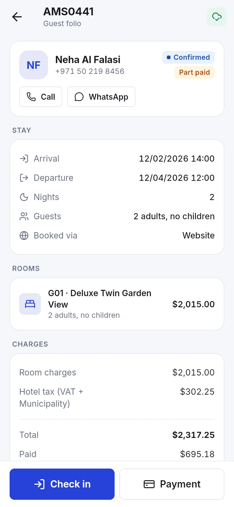 Guest folio in the SmartPOS Business app with stay dates, room, charges, tax, total, paid and Check in and Payment buttons