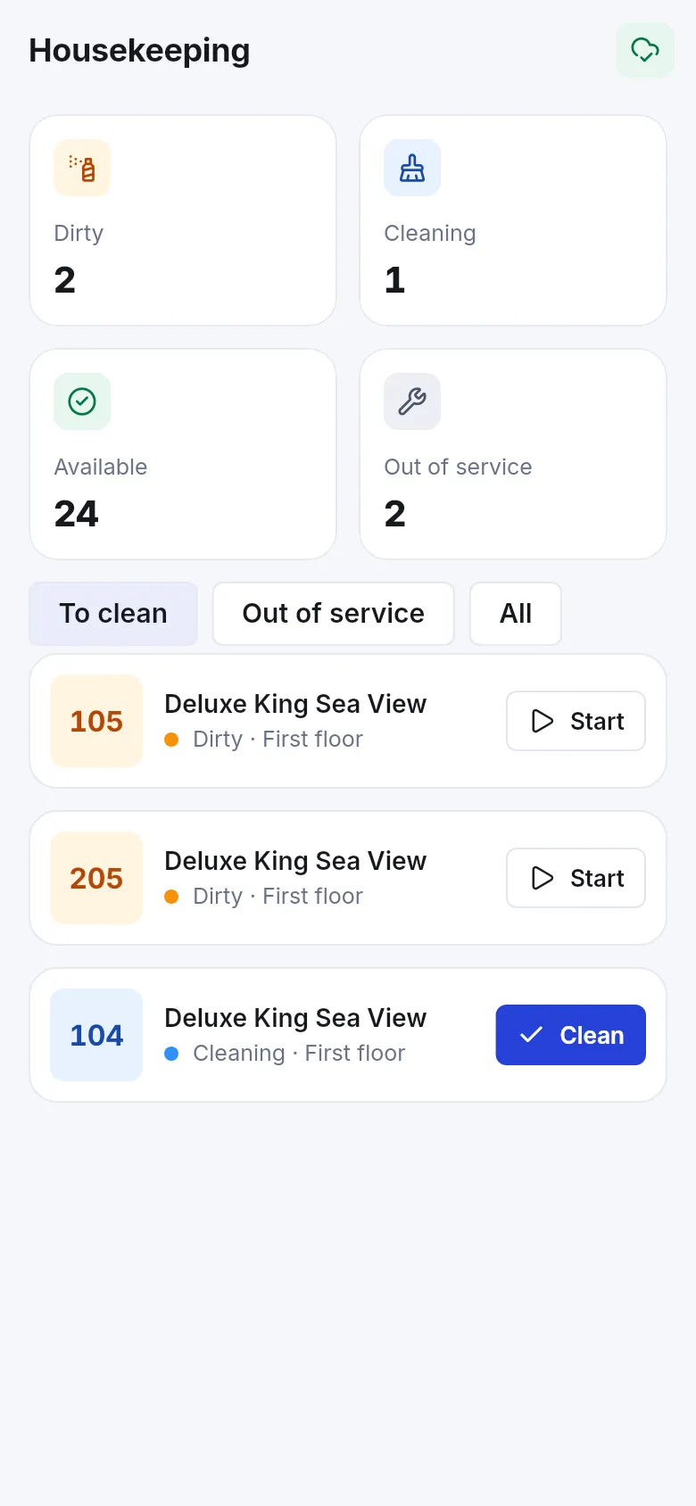 Housekeeping in the SmartPOS Business app with dirty, cleaning, available and out of service counters and Start and Clean buttons per room