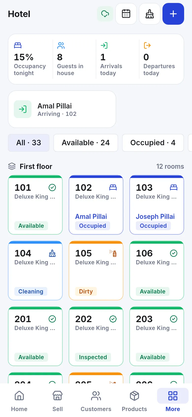 Hotel screen in the SmartPOS Business app with occupancy, arrivals and room tiles marked available, occupied, cleaning and dirty