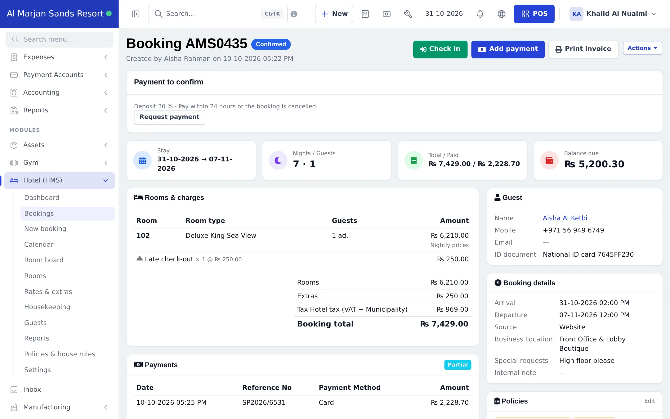 Booking page with a Payment to confirm box asking for a 30 percent deposit within 24 hours, stay dates, total, balance due and a Request payment button