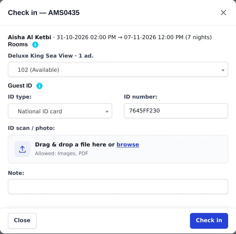 Check in window for a booking showing guest, stay dates, the room picker with 102 Available, ID type, ID number, ID scan upload and a Check in button