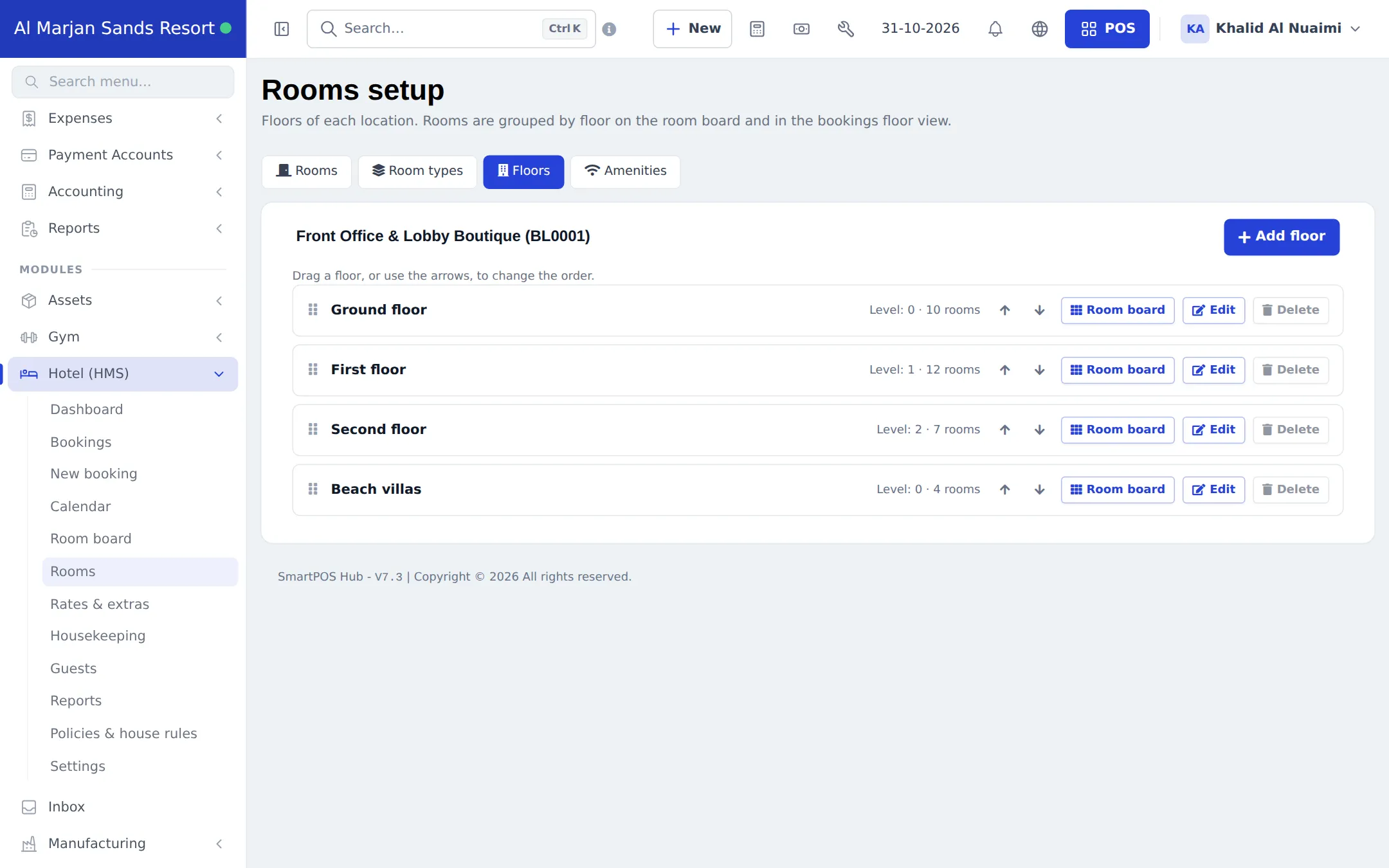 Floors tab with Ground floor, First floor, Second floor and Beach villas, each with its level, room count and Room board, Edit and Delete buttons