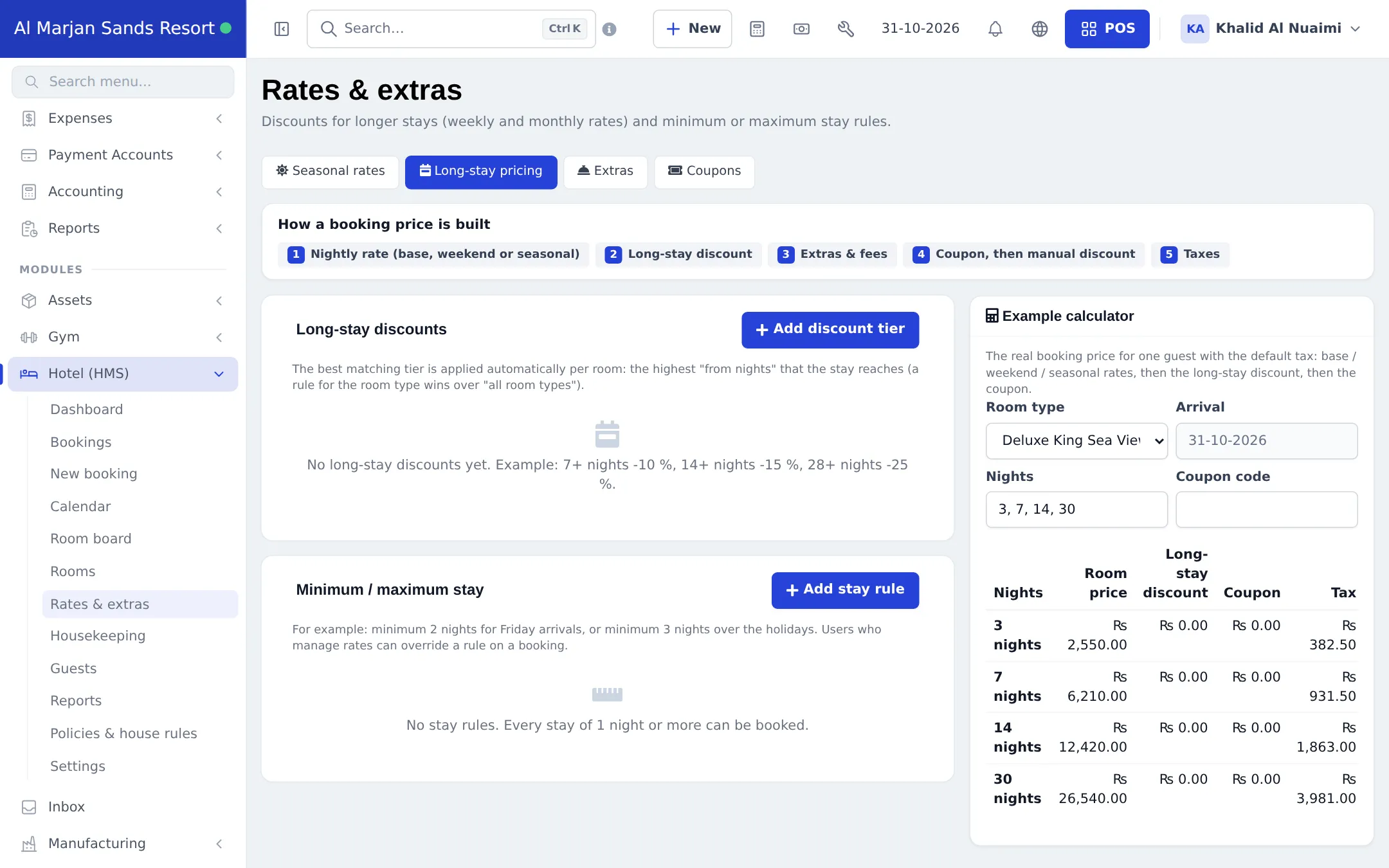 Long-stay pricing tab with the price-building order, long-stay discounts, minimum and maximum stay rules and an example calculator for 3, 7, 14 and 30 nights