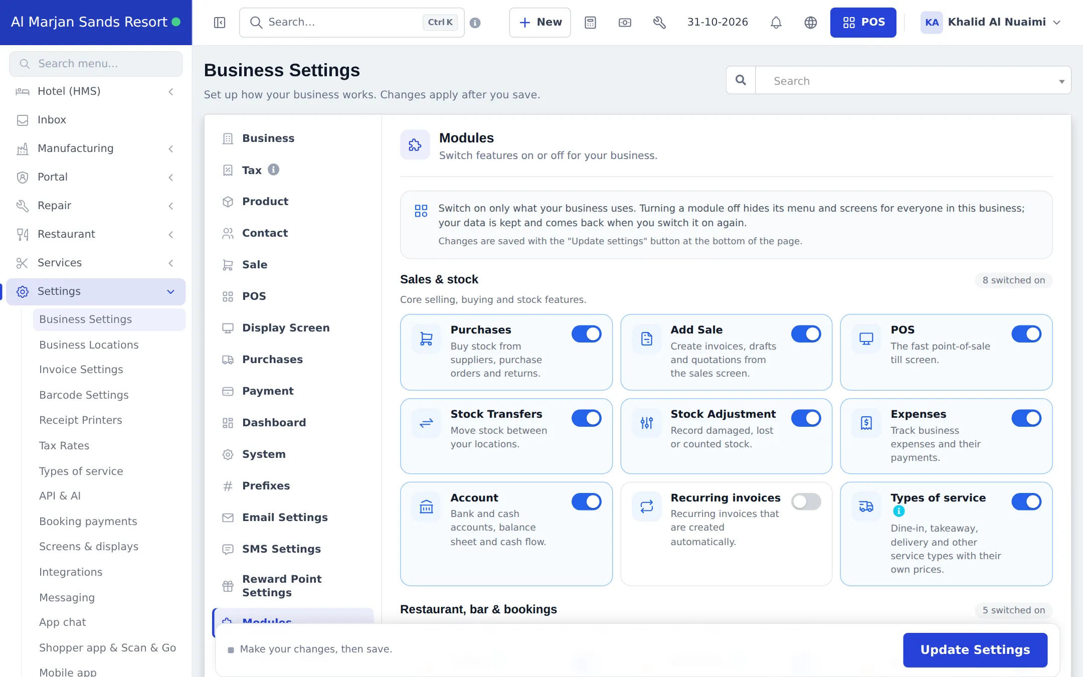 Business Settings with the Modules tab open, showing module cards with on and off switches