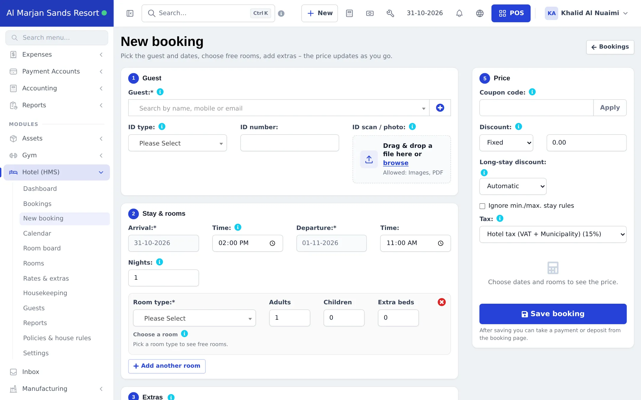 New booking form with Guest, Stay and rooms, Extras, Booking details and a Price panel with coupon, discount, long-stay discount and tax