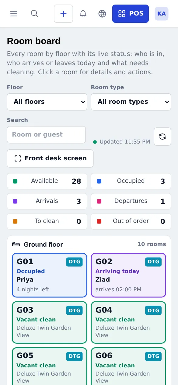Room board on a phone with floor and room type filters, Front desk screen button and status counters