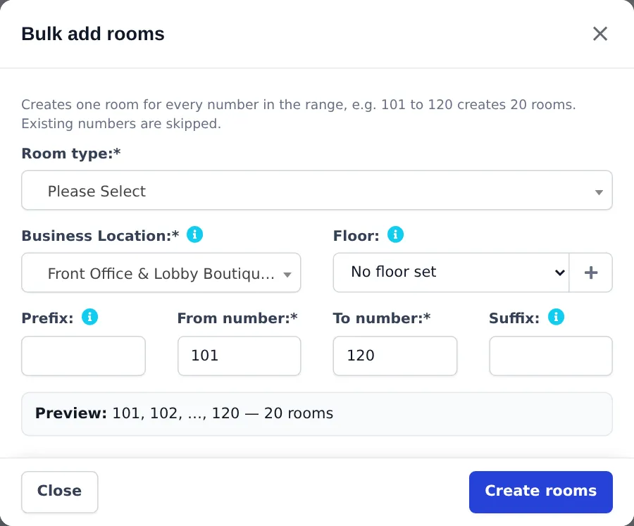 Bulk add rooms window with room type, location, floor, prefix, from number 101, to number 120 and a preview of 20 rooms