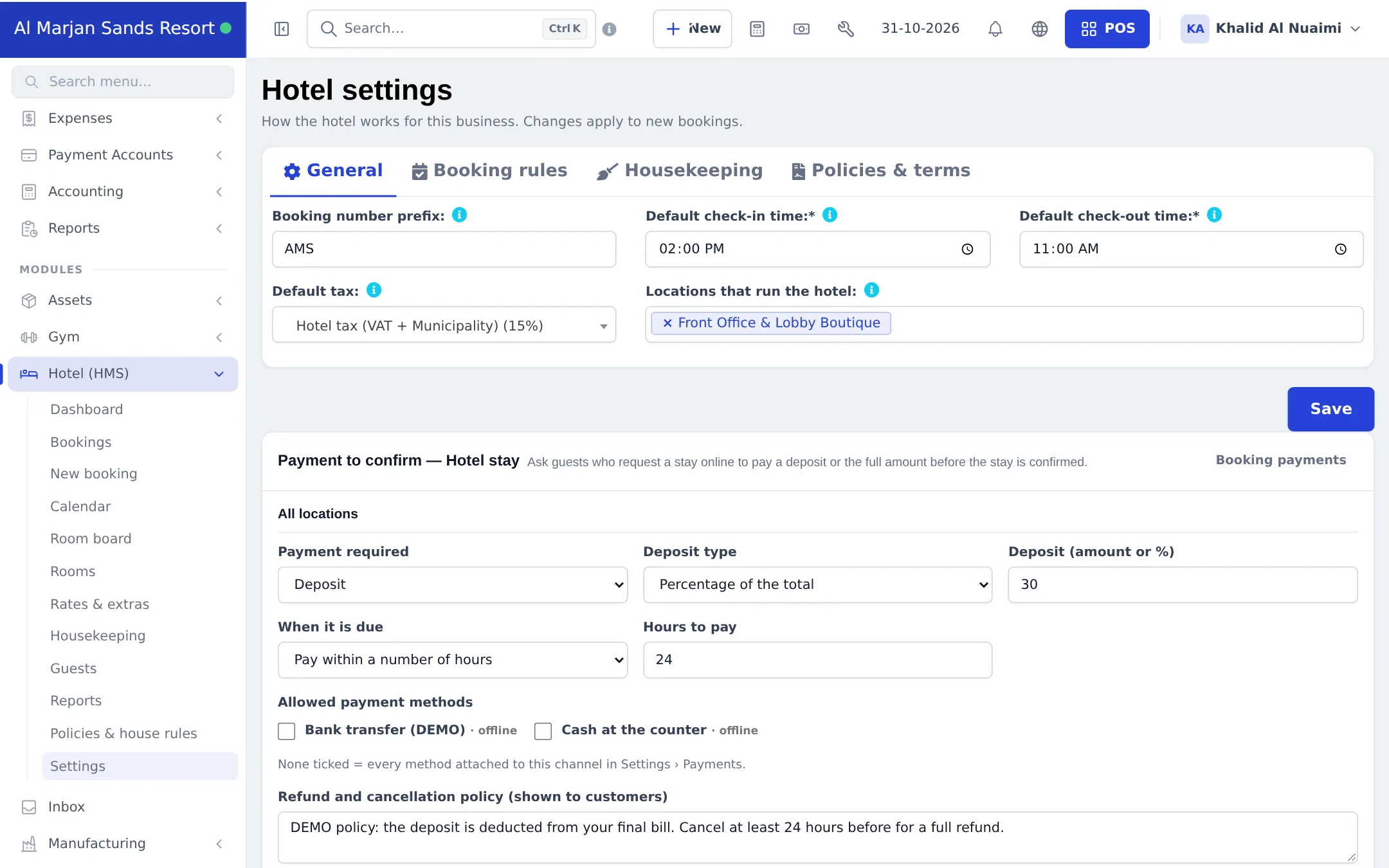 Hotel settings General tab with booking number prefix, default check-in and check-out times, default tax and locations that run the hotel