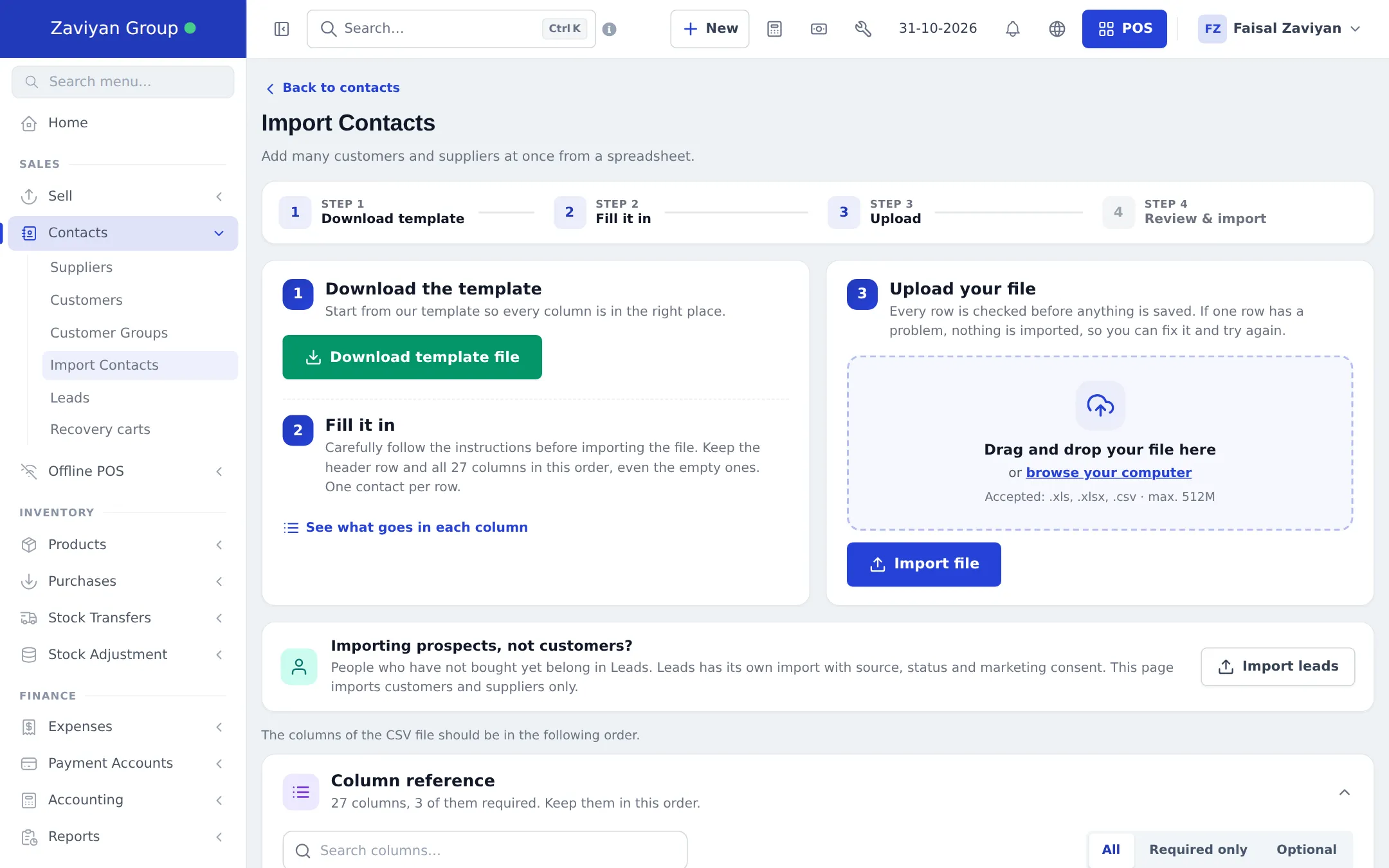 Import Contacts page with four steps Download template, Fill it in, Upload and Review and import, a Download template file button, a drag and drop upload area and the Column reference