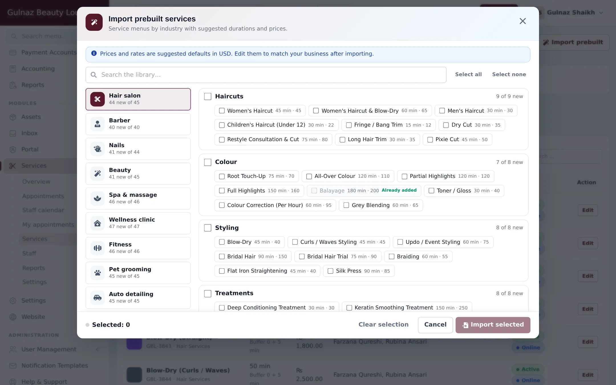 Import prebuilt services window with trades on the left such as Hair salon, Barber, Nails, Beauty and Spa and massage, and the Haircuts, Colour and Styling groups with durations and prices