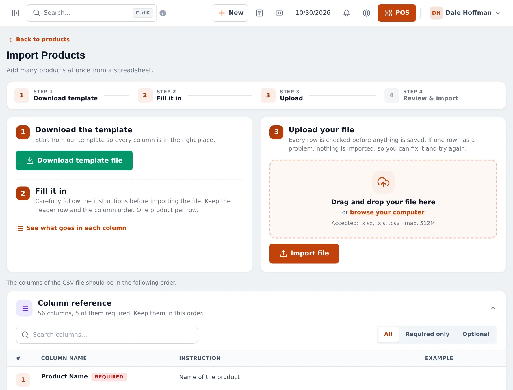 Import Products page with four steps - download template, fill it in, upload and review - and a column reference with 56 columns