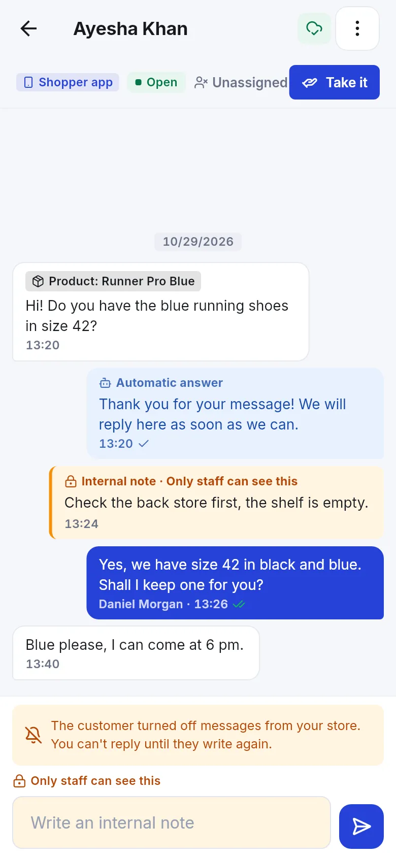 Unassigned Shopper app chat with a Take it button and a notice that the customer turned off messages from your store
